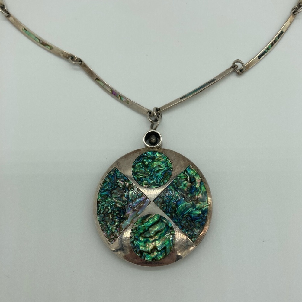 Vintage Abalone Shell and Sterling Silver 2 sided Pendant Necklace - Picture 5 of 11